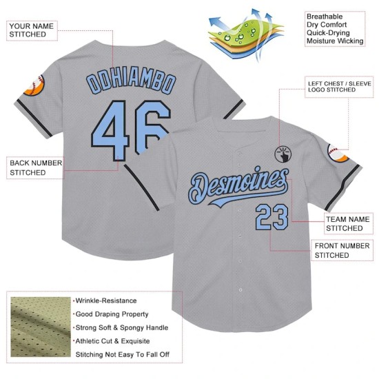 Custom Gray Light Blue-Black Mesh Authentic Throwback Baseball Jersey