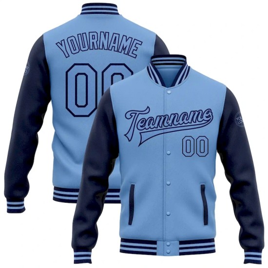 Custom Light Blue Navy Bomber Full-Snap Varsity Letterman Two Tone Jacket
