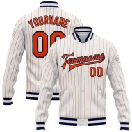 Custom White Orange Pinstripe Orange-Navy Bomber Full-Snap Varsity Letterman Jacket