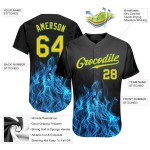 Custom Black Gold-Teal 3D Pattern Design Flame Authentic Baseball Jersey