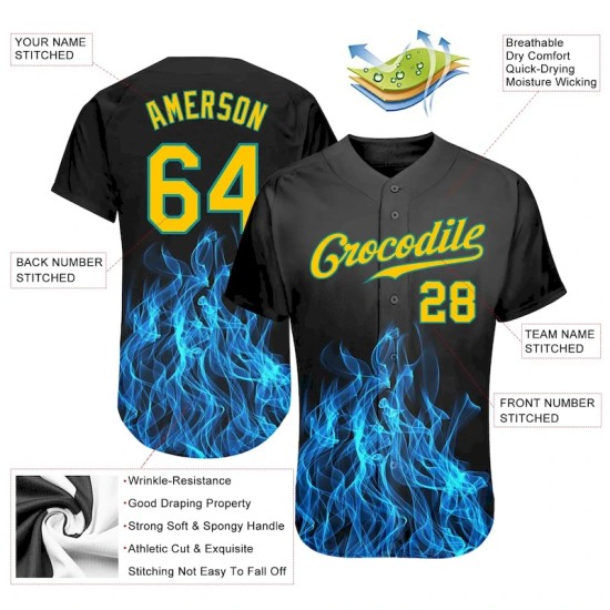 Custom Black Gold-Teal 3D Pattern Design Flame Authentic Baseball Jersey
