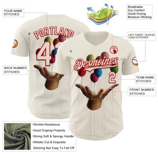 Custom Cream Red 3D Marcel Caram Allegory With Hand Authentic Baseball Jersey